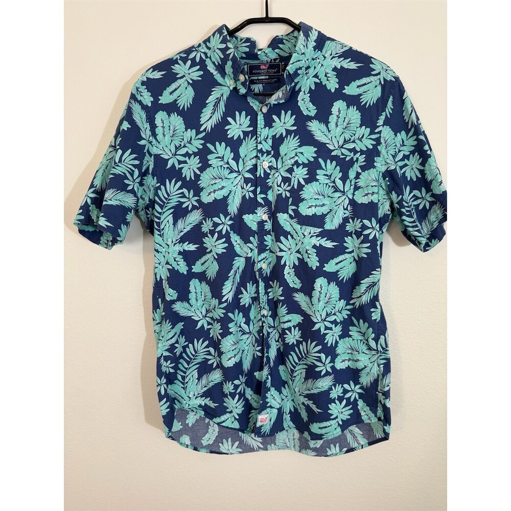 Vineyard Vines Murray Shirt Mens M Navy Blue Tropical Floral Palm Short